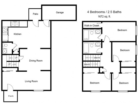 Floor plan for 4 beds, 2 baths, 1672 sqft